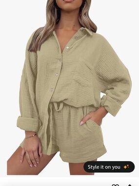 Amazon Women's Two-Piece Button-Up Shirt and Drawstring Shorts Set - Beige